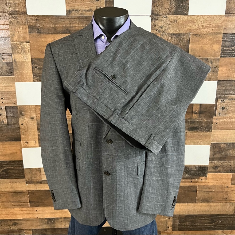 Joseph Abboud Suit Mens 45L Flat Front Pants‎ 35x31 Wool Grey Peak Lapel Plaid